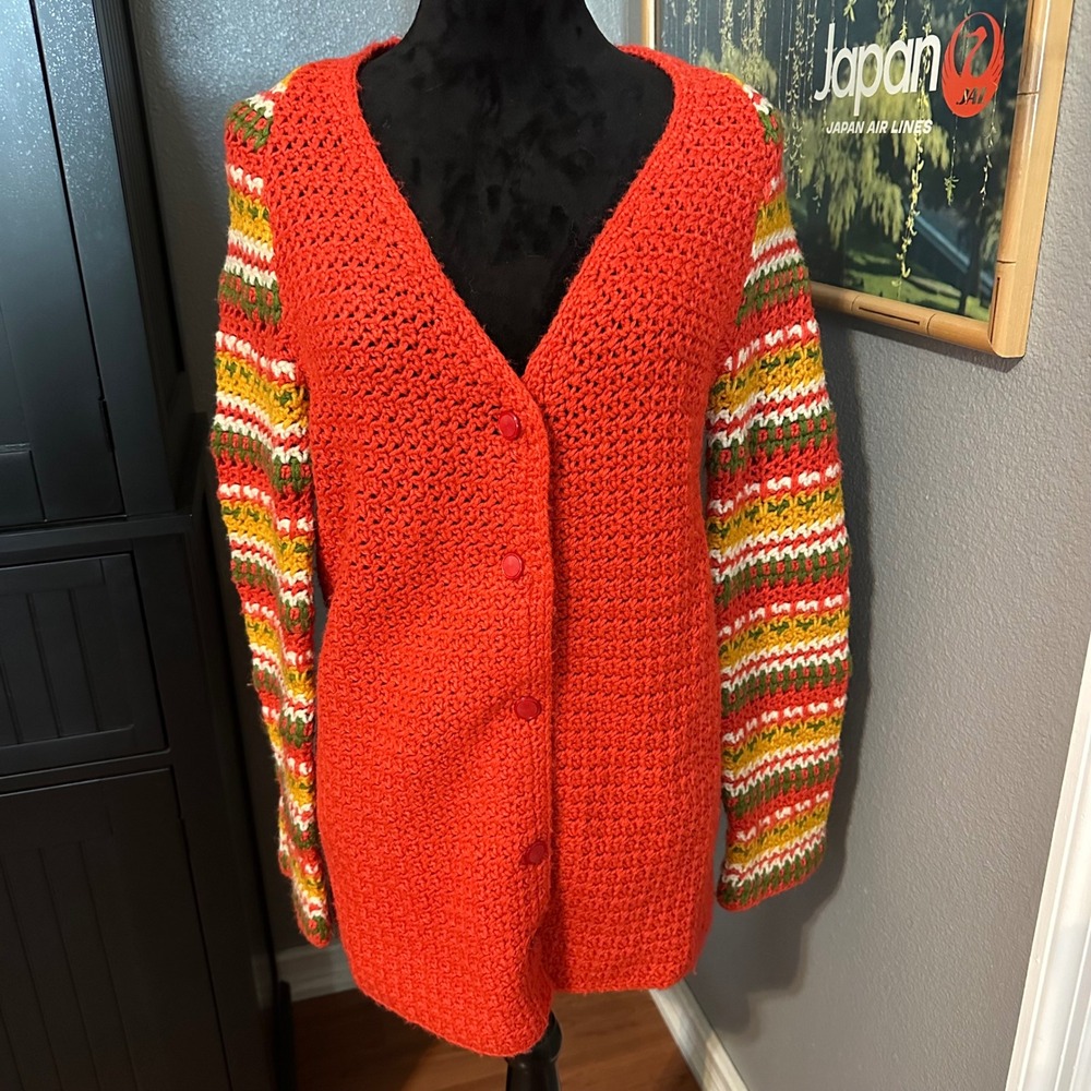 Handmade Crochet Cardigan Sweater Women Small Orange Striped Long Sleeve Button